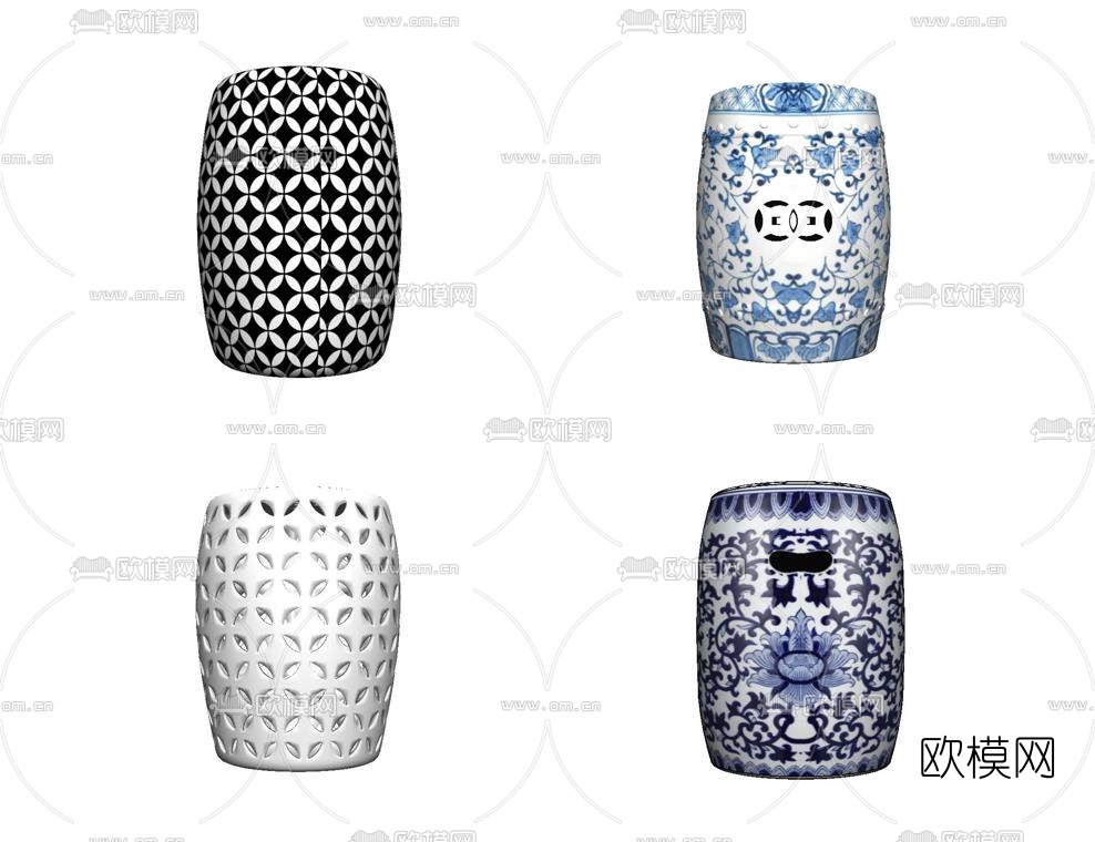 新中式青花瓷鼓凳su模型下载