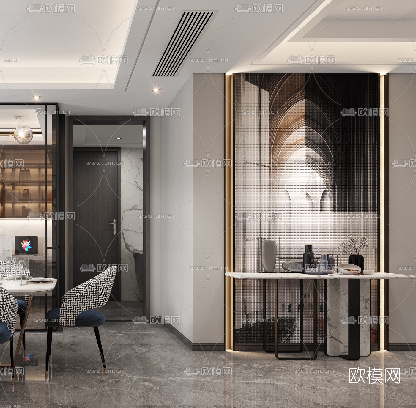 现代轻奢客厅餐厅3d模型