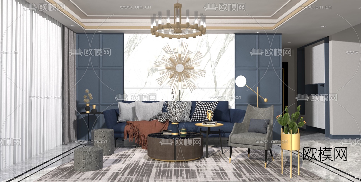 现代轻奢布艺沙发组合su模型下载（渲染图1）