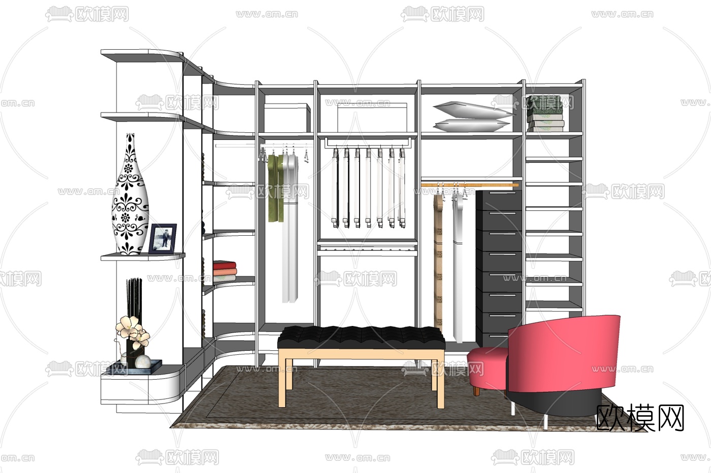 现代实木衣柜免费su模型下载