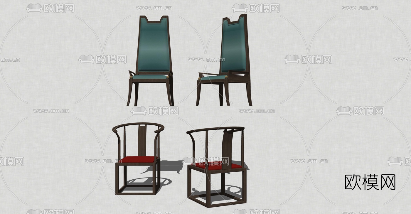 新中式单椅组合su模型下载（渲染图1）