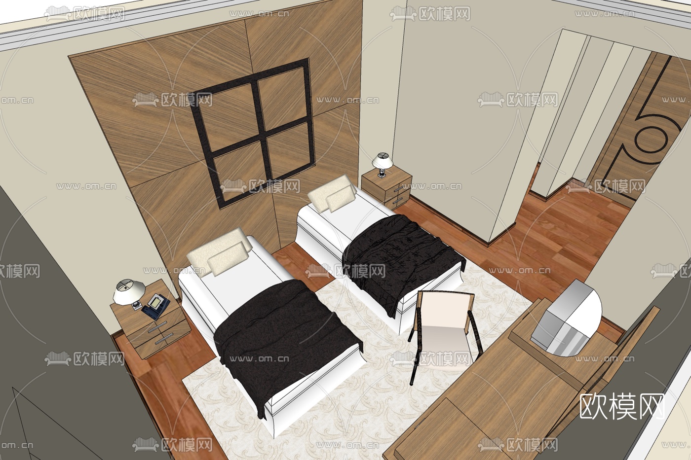 新中式酒店双人房免费su模型下载