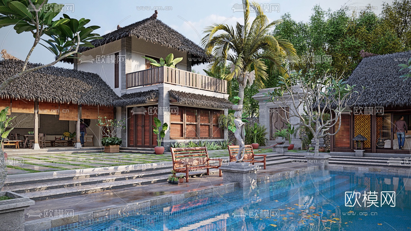 自然风民宿酒店外观su模型下载（渲染图2）