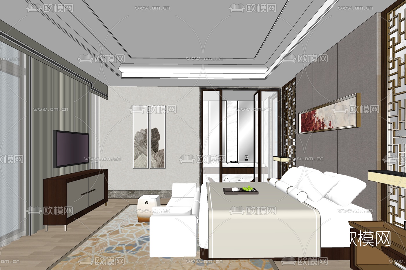 新中式卧室su模型下载