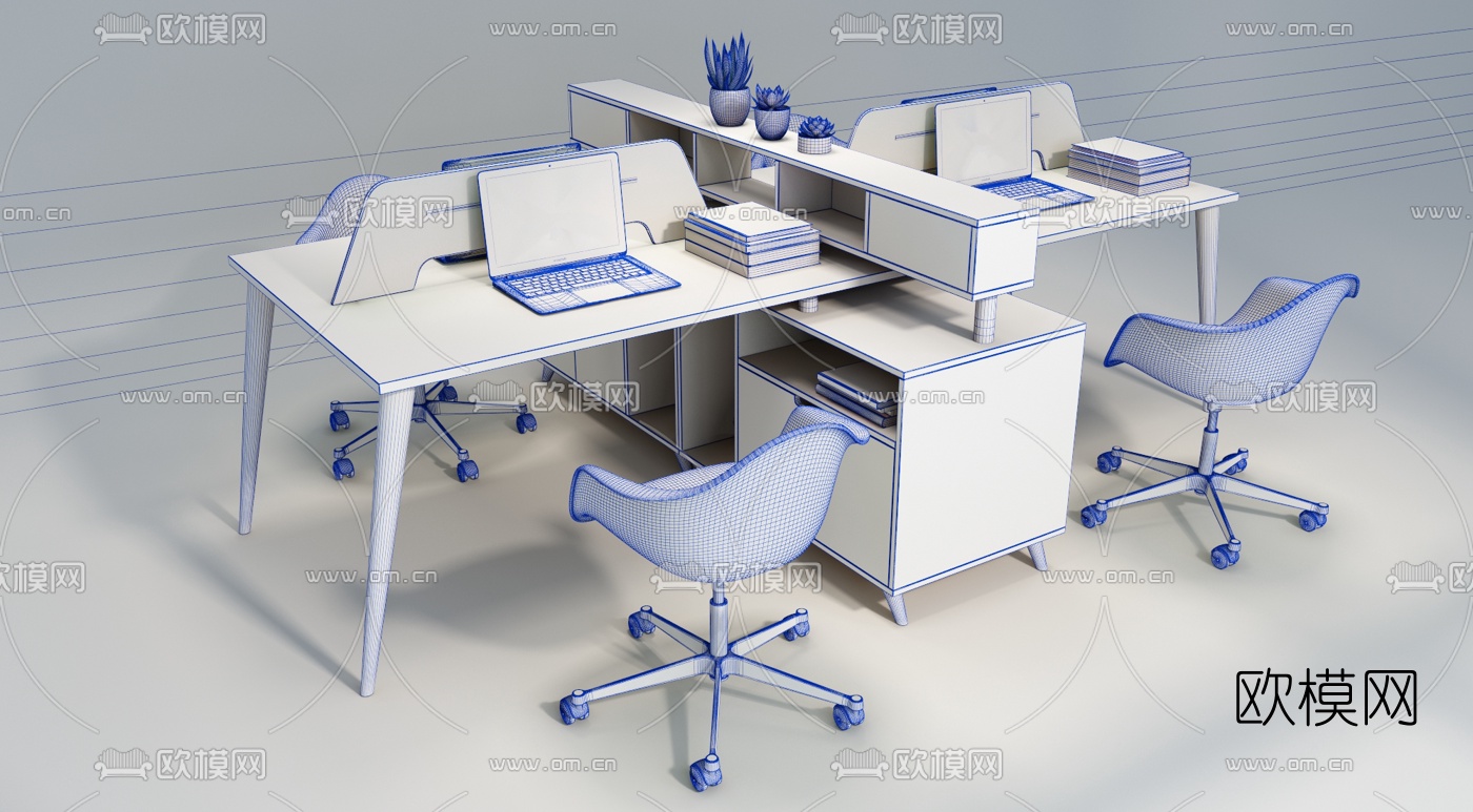 北欧实木卡位办公桌椅3d模型下载（渲染图3）