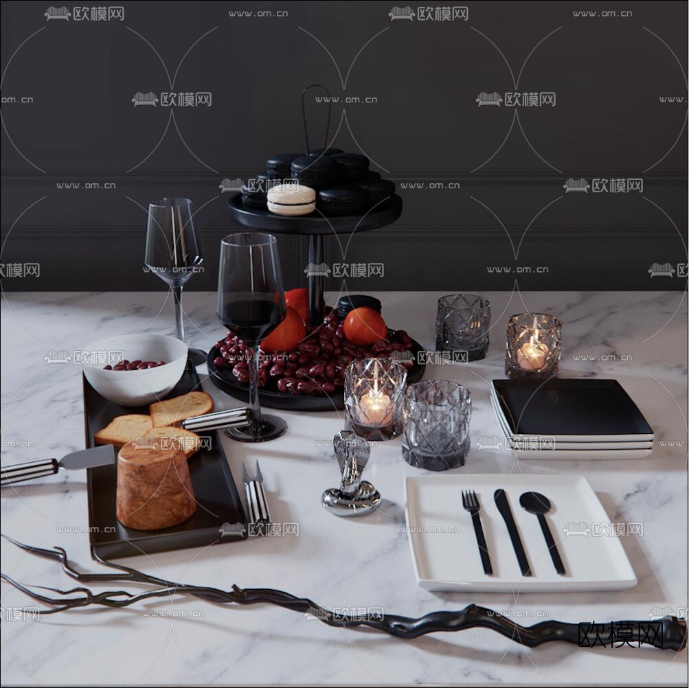 现代酒杯餐具面包甜点3d模型