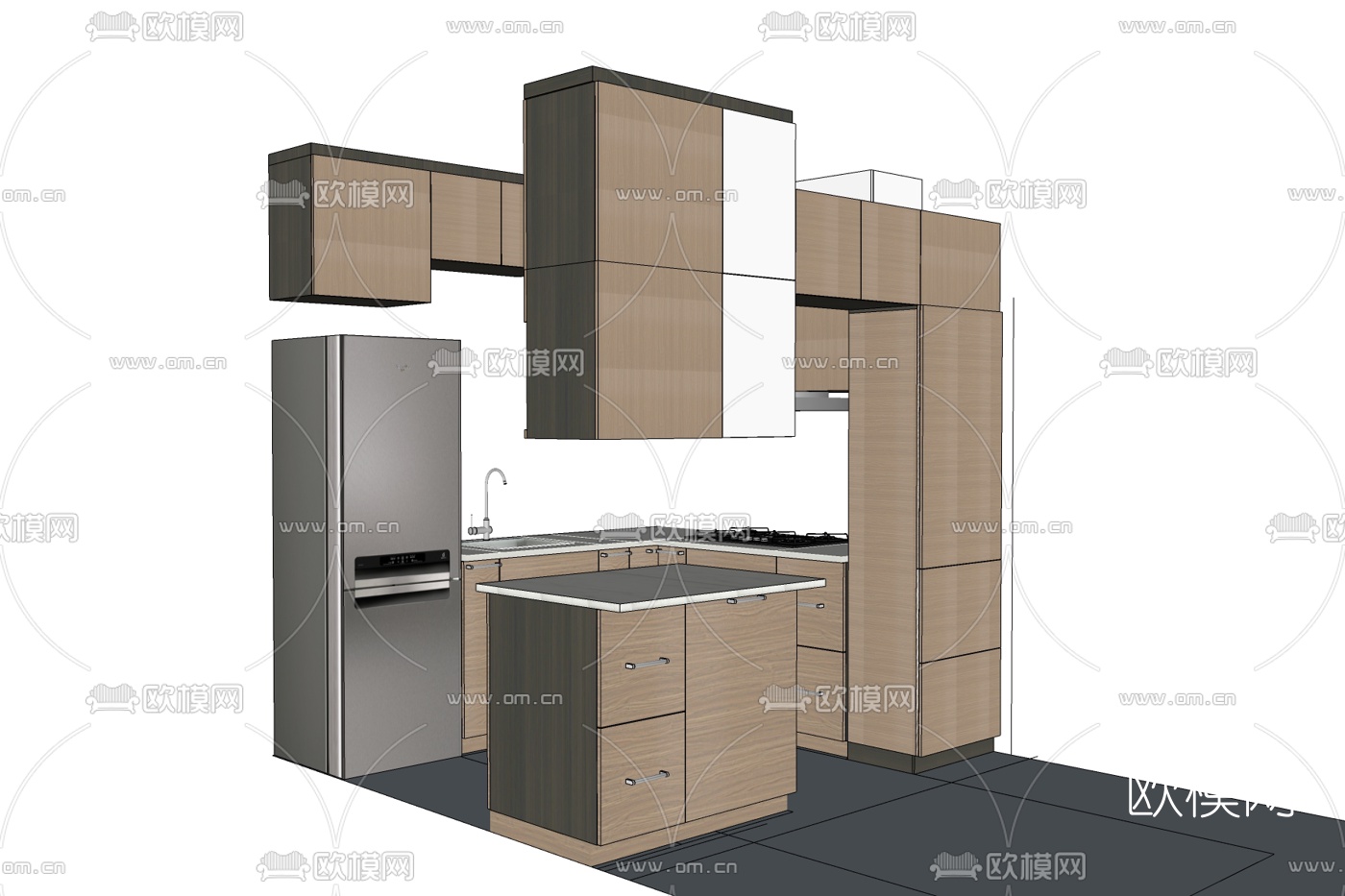 现代实木橱柜免费su模型下载