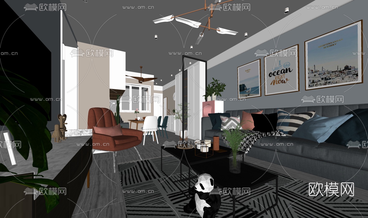 北欧客厅餐厅su模型下载