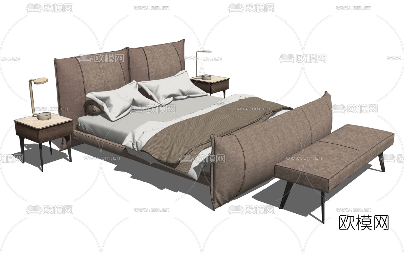 现代布艺双人床su模型