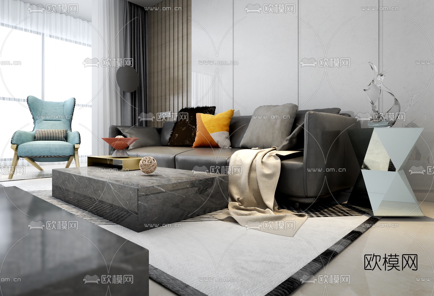 吾界设计 现代皮革沙发组合3d模型-免费3dmax模型库-欧模网