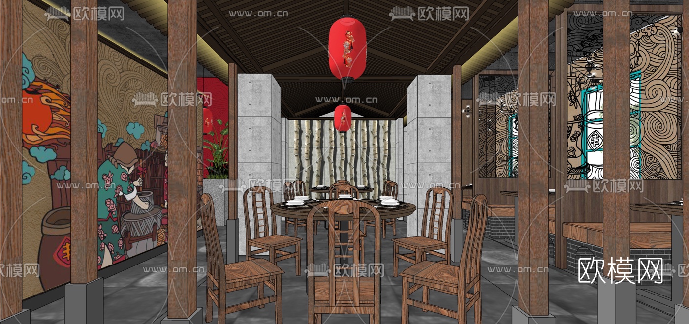 中式火锅店su模型
