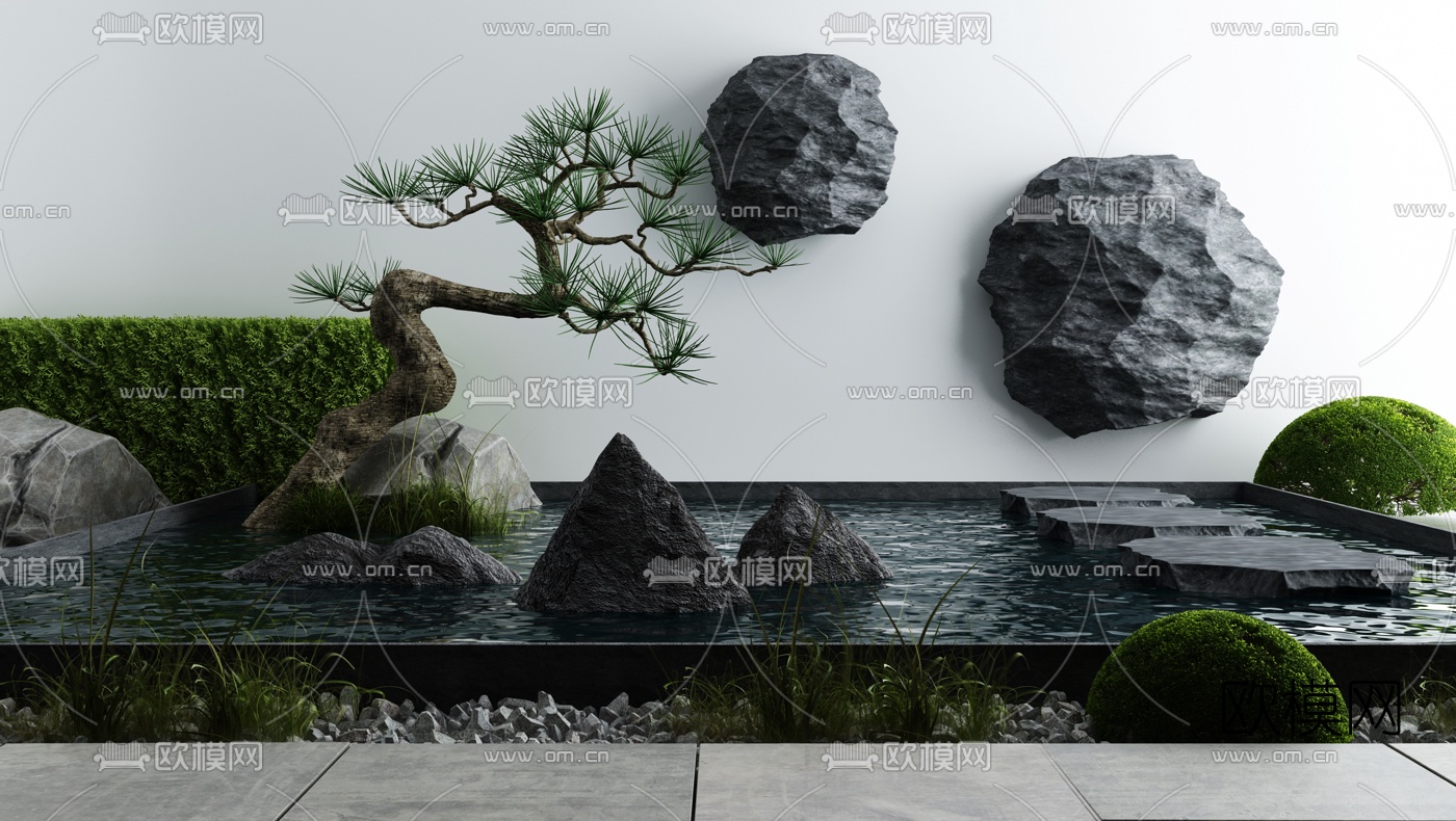 新中式松树水池景观小品3d模型