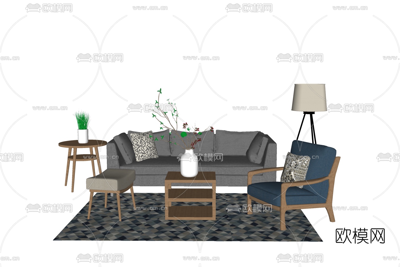 现代布艺沙发组合免费su模型下载