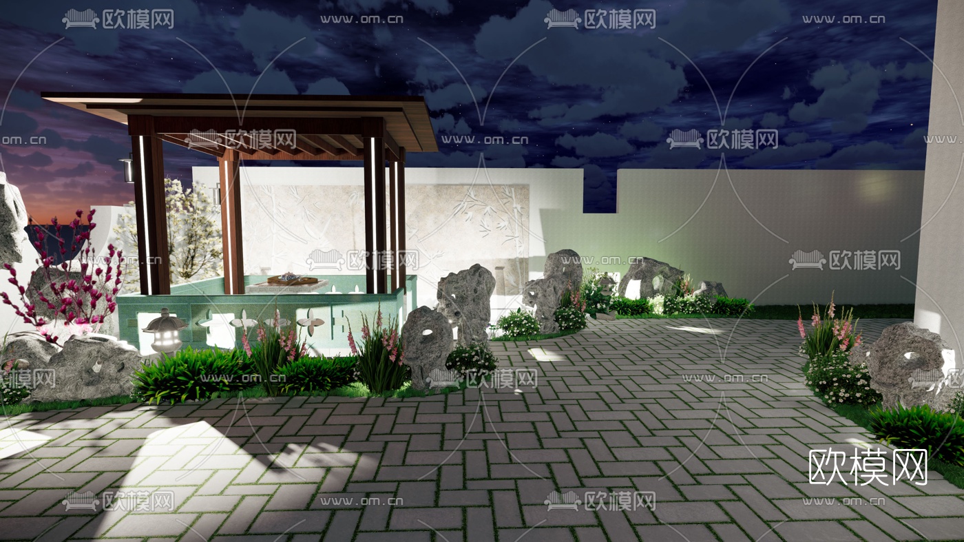 新中式庭院花园su模型
