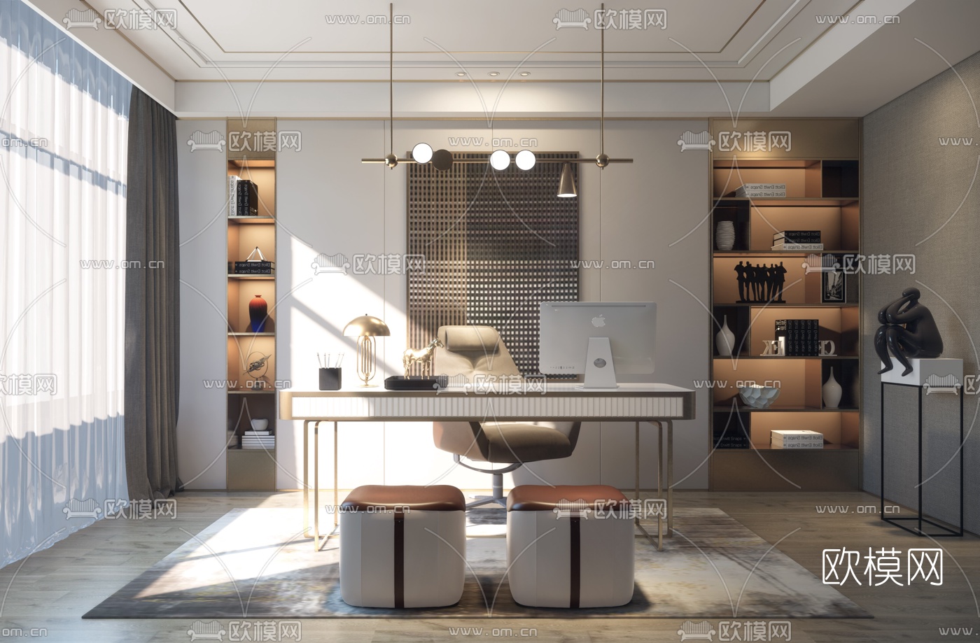 现代轻奢书房su模型下载（渲染图1）