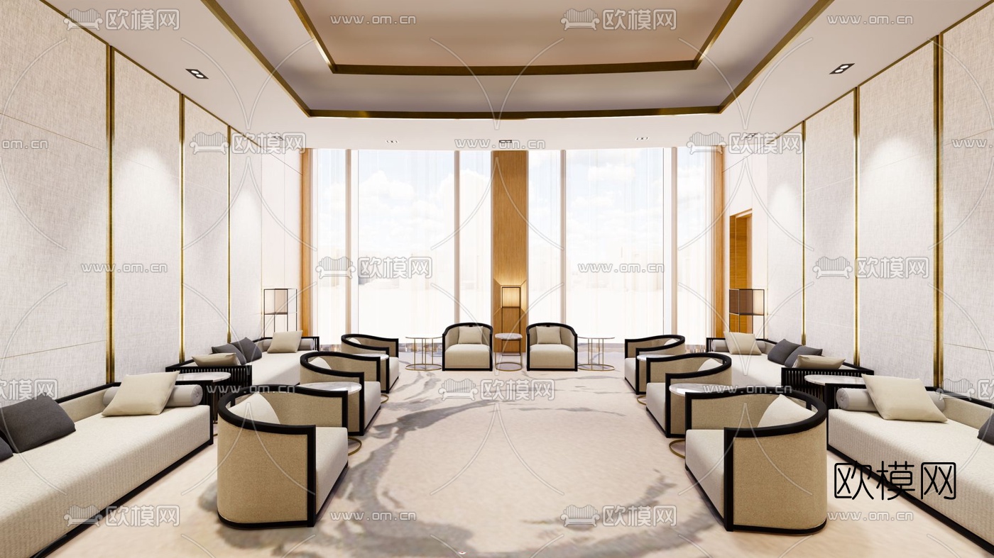 新中式贵宾接待室su模型下载（渲染图1）