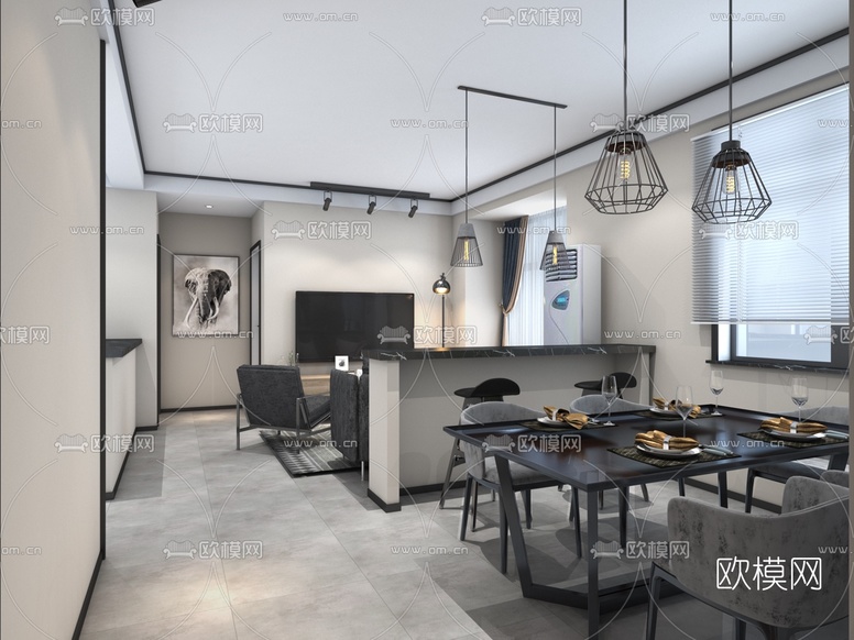 现代客厅餐厅免费3d模型下载(渲染图1)