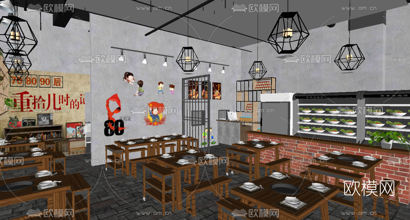 工业风火锅店su模型下载（渲染图1）