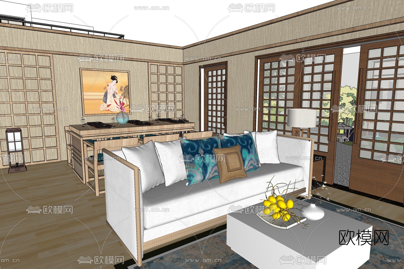 新中式简约客餐厅免费su模型下载