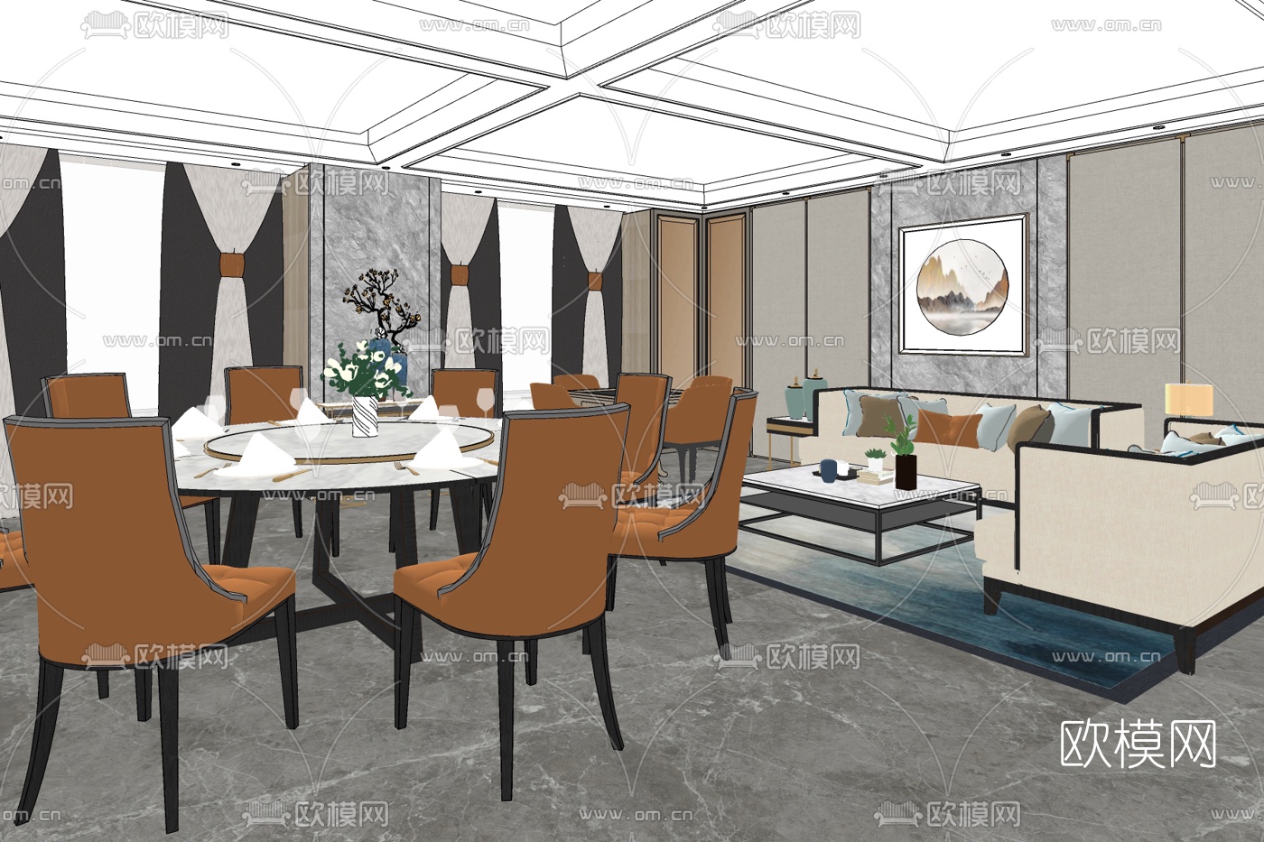 新中式客餐厅免费su模型下载