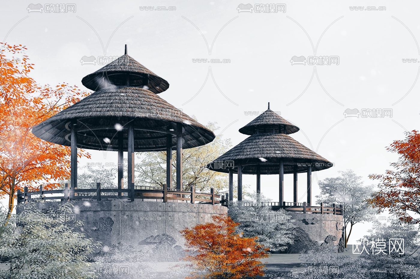中式圆形重檐茅草亭3d模型下载