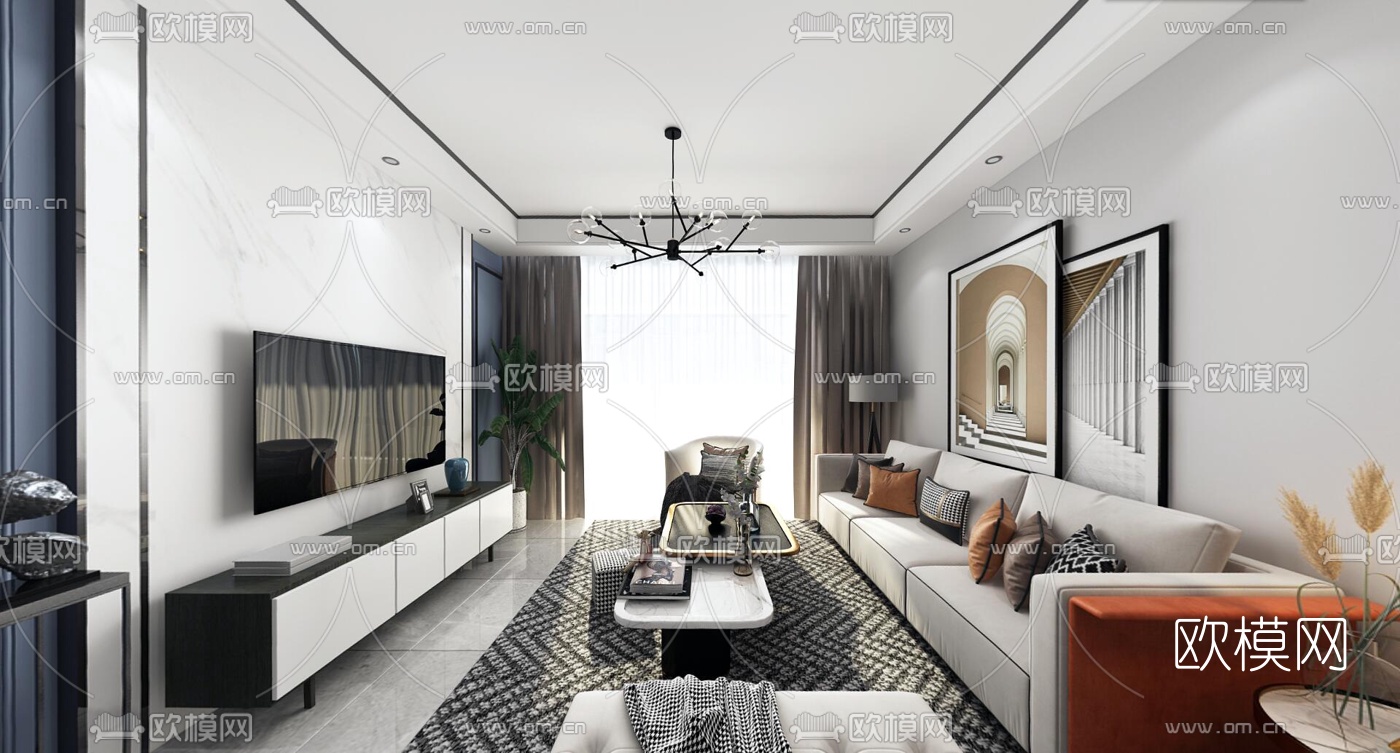 现代轻奢客厅餐厅vr全景3d模型