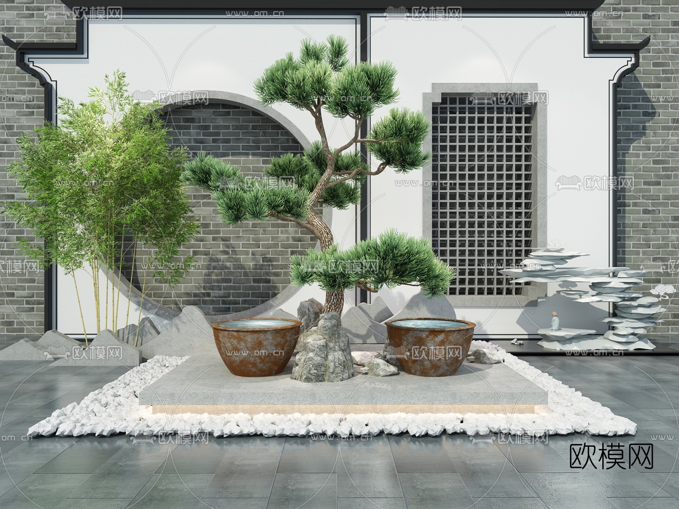 新中式庭院景观小品3d模型下载