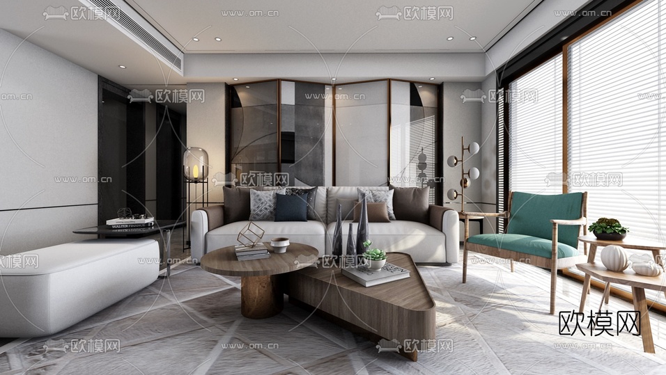 现代轻奢客厅餐厅3d模型下载(渲染图2)