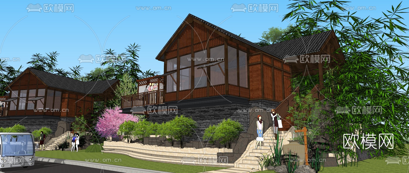 自然风斜屋顶民宿su模型下载（渲染图5）