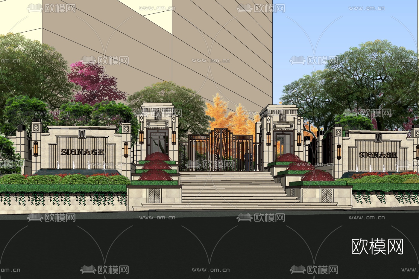 新古典小区大门免费su模型下载