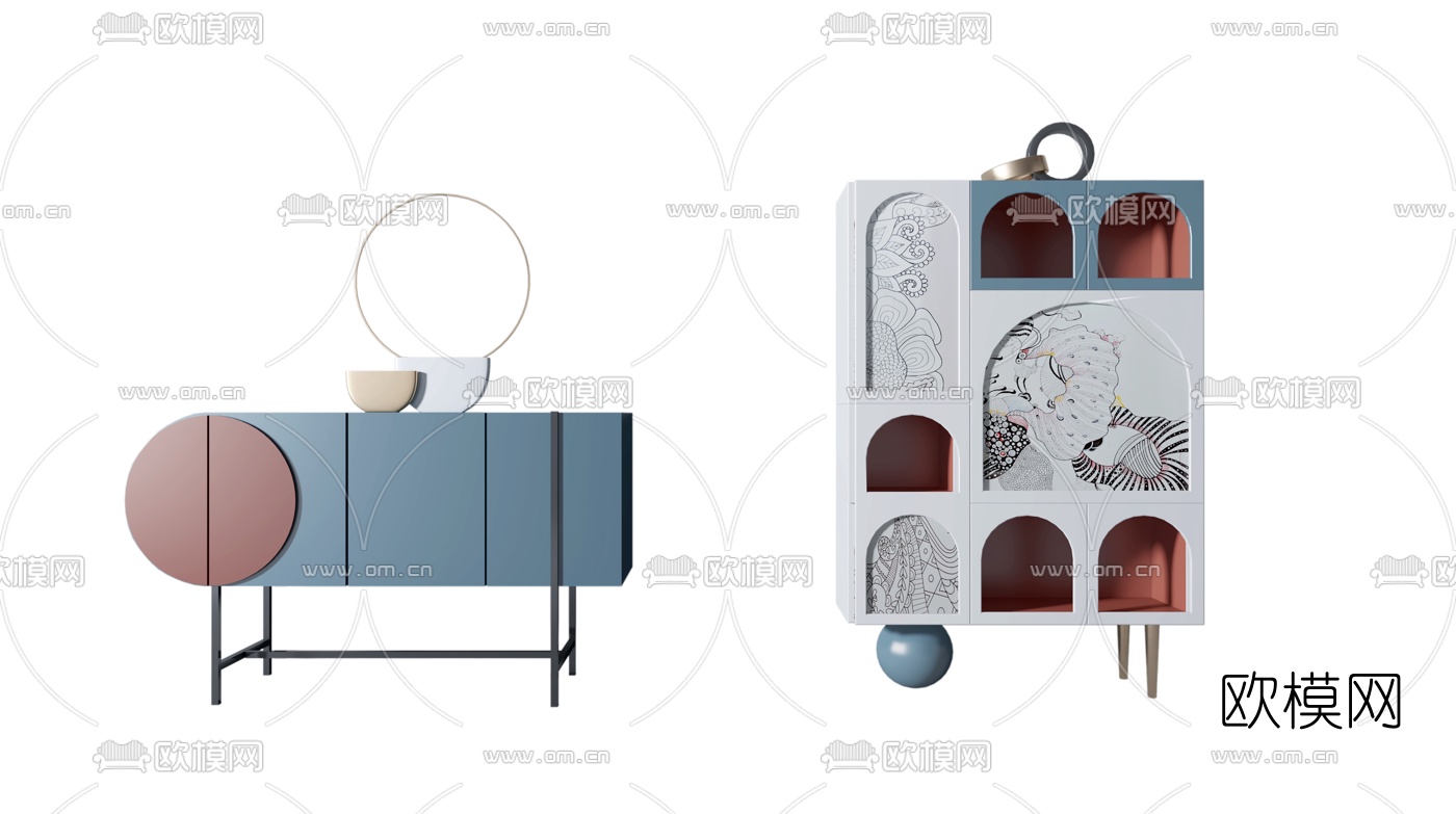 北欧原木边柜组合3d模型下载