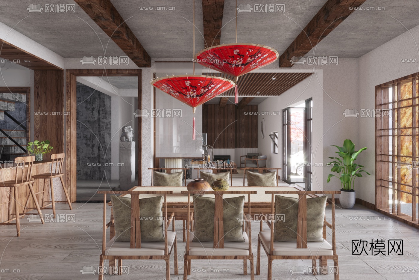 现代民宿客厅餐厅3d模型下载（渲染图1）