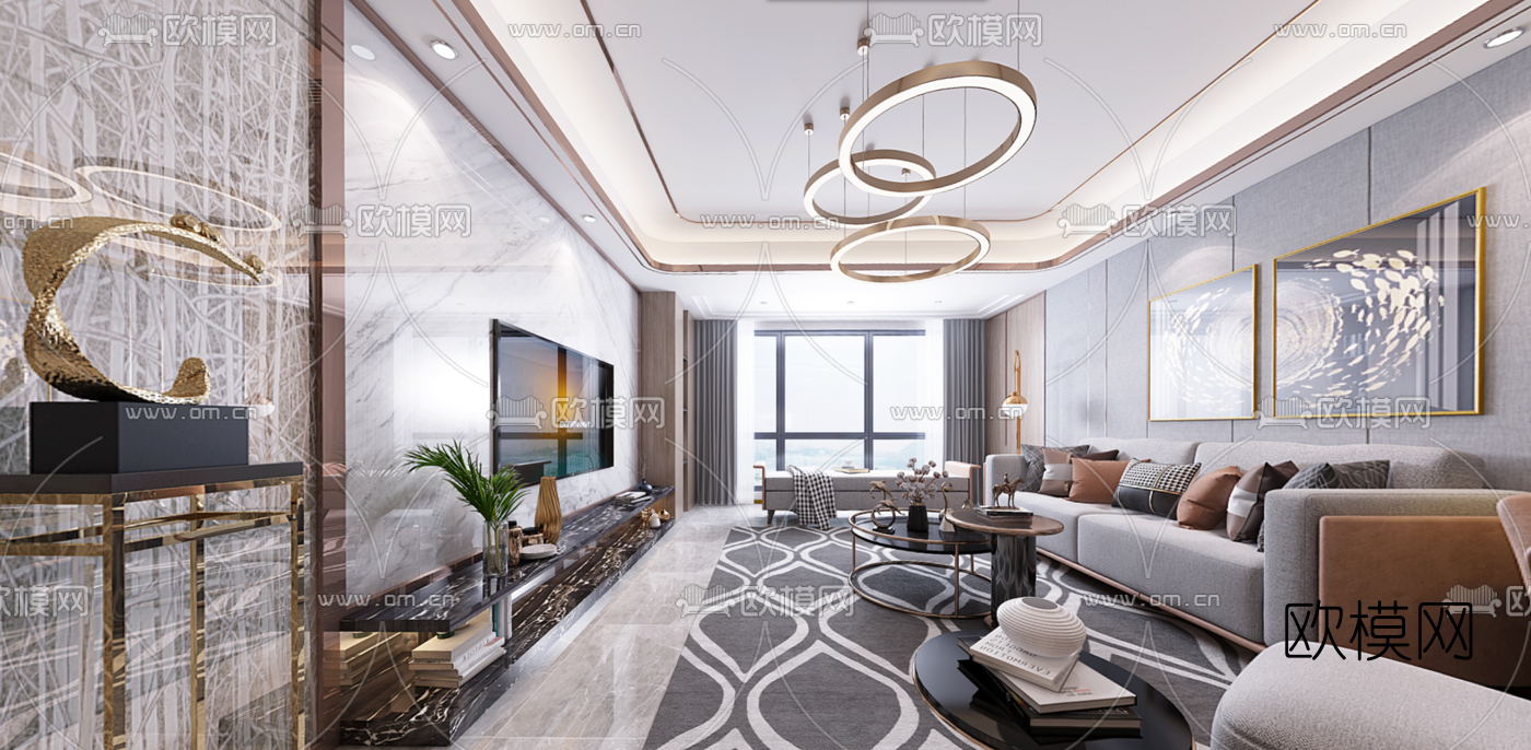 现代轻奢客厅餐厅vr全景3d模型