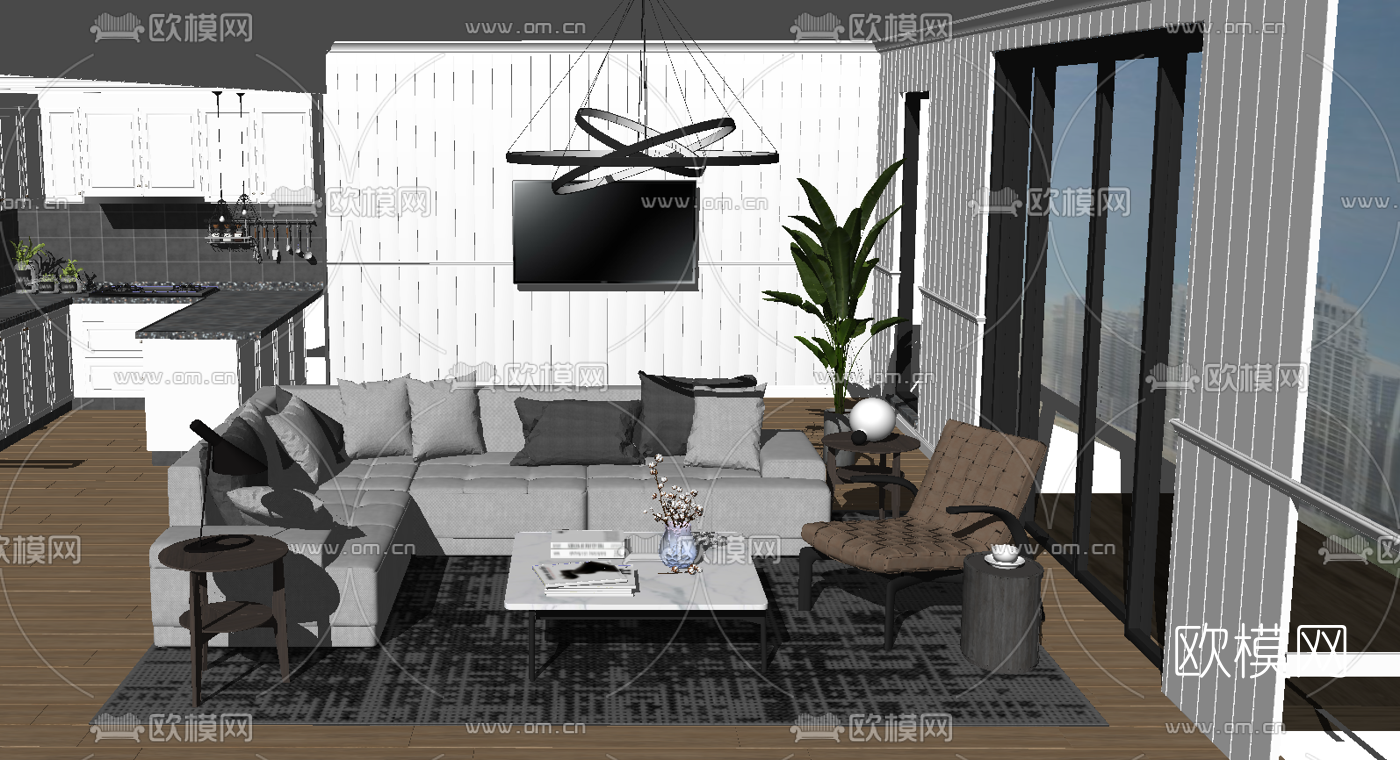 现代客厅厨房su模型下载