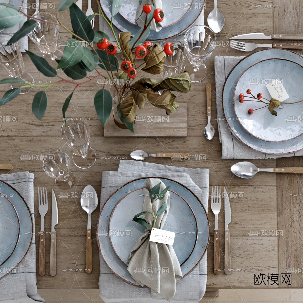 现代实木餐桌餐具饰品组合3d模型下载（渲染图4）