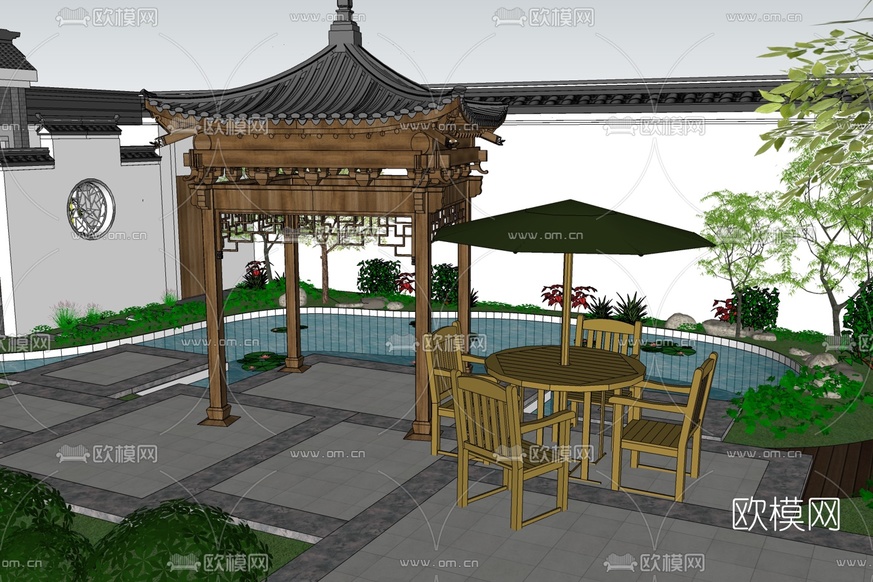 中式庭院景观免费su模型下载_ID10057197_sketchup模型下载-欧模网