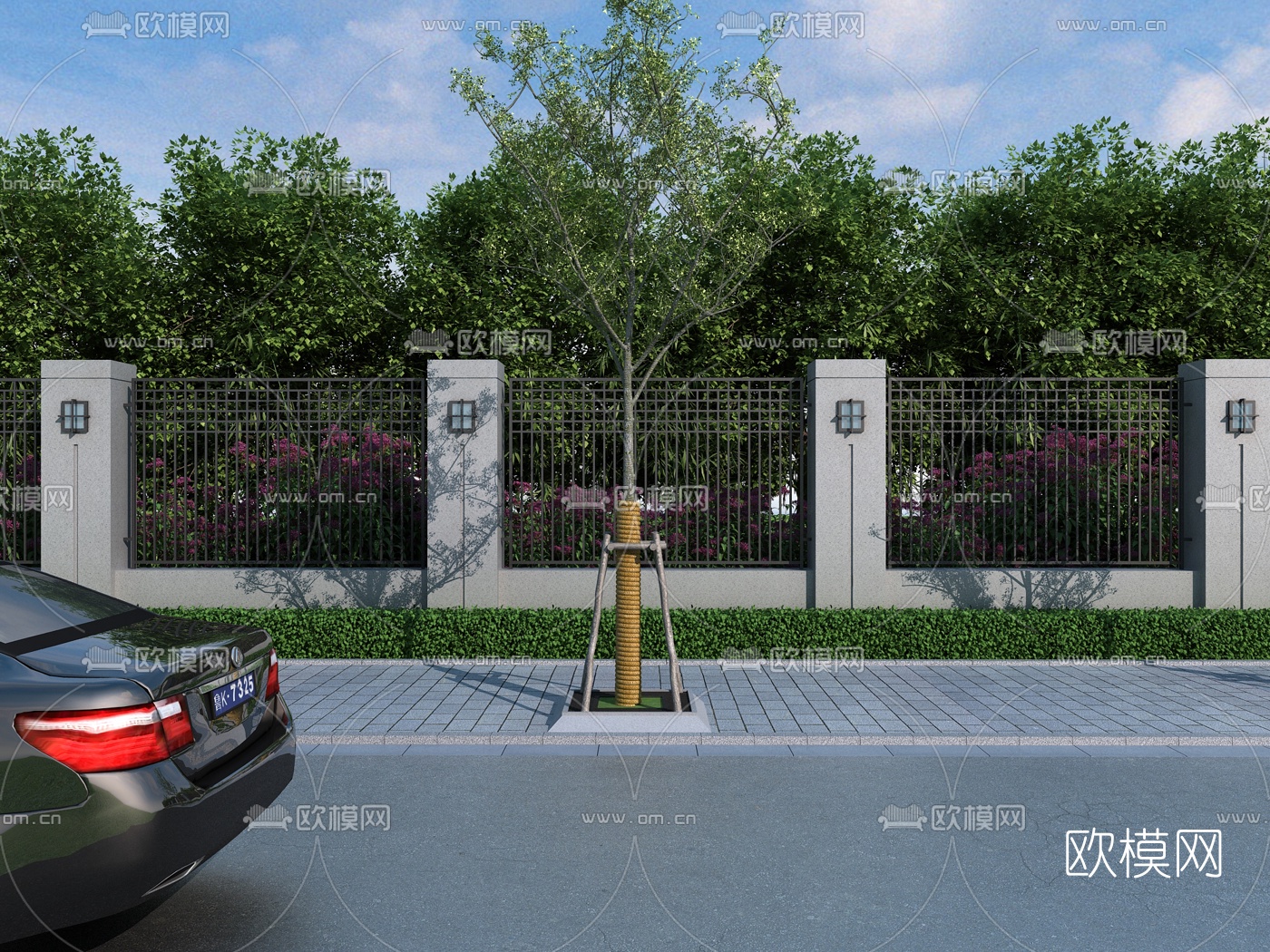 现代围墙人行道树池3d模型下载（渲染图1）
