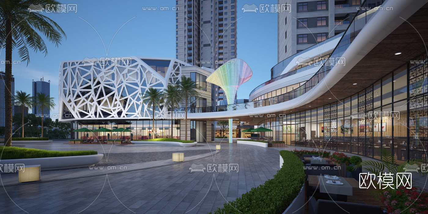 现代商业综合广场外观3d模型-免费3dmax模型库-欧模网