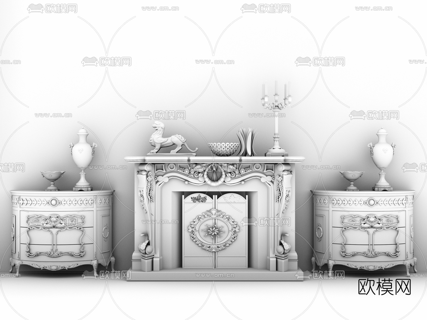 欧式装饰壁炉端景柜3d模型下载（渲染图2）