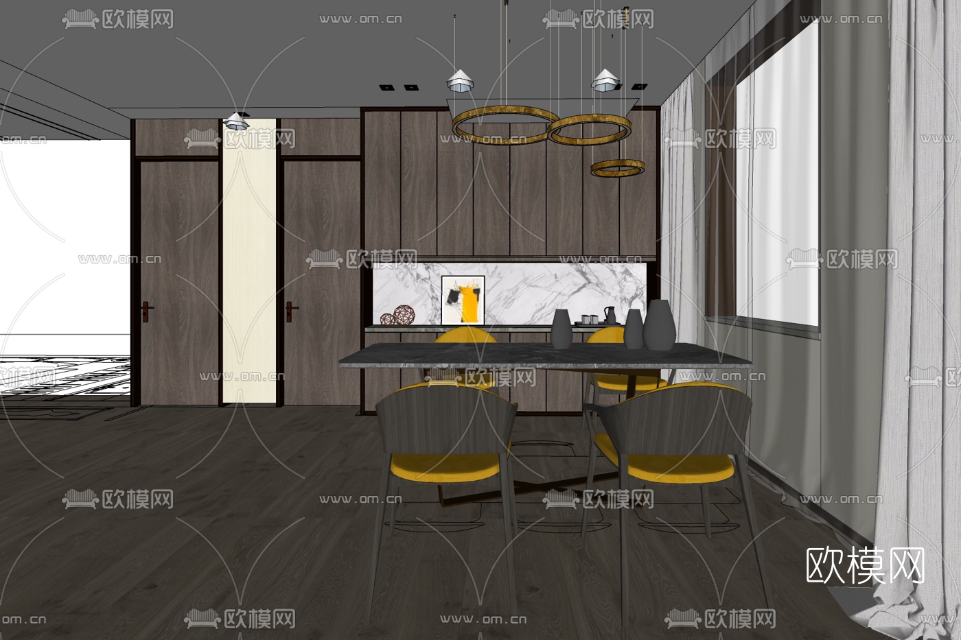 北欧餐实木餐桌椅免费su模型下载