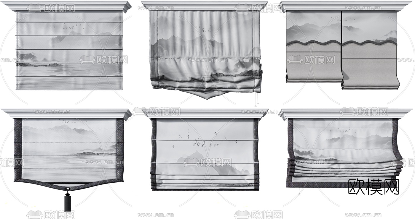 新中式布艺折叠卷帘3d模型
