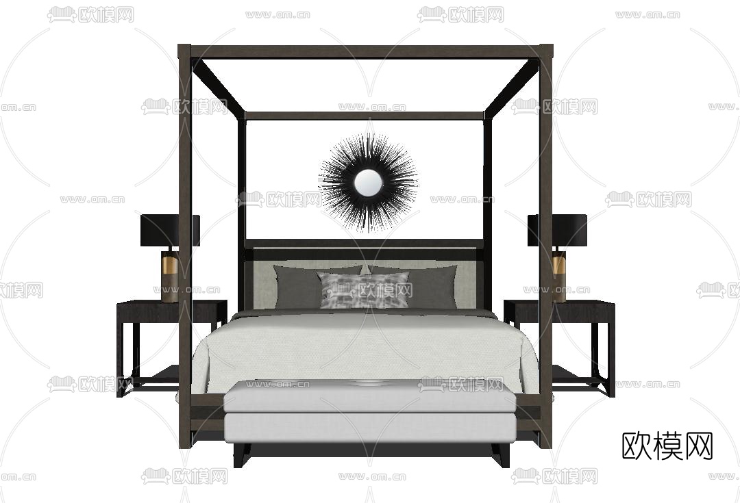 新中式布艺双人床su模型下载