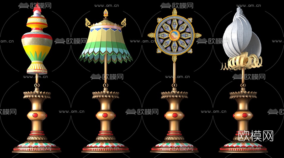 中式藏族吉祥八宝艺术摆件3d模型下载(渲染图3)