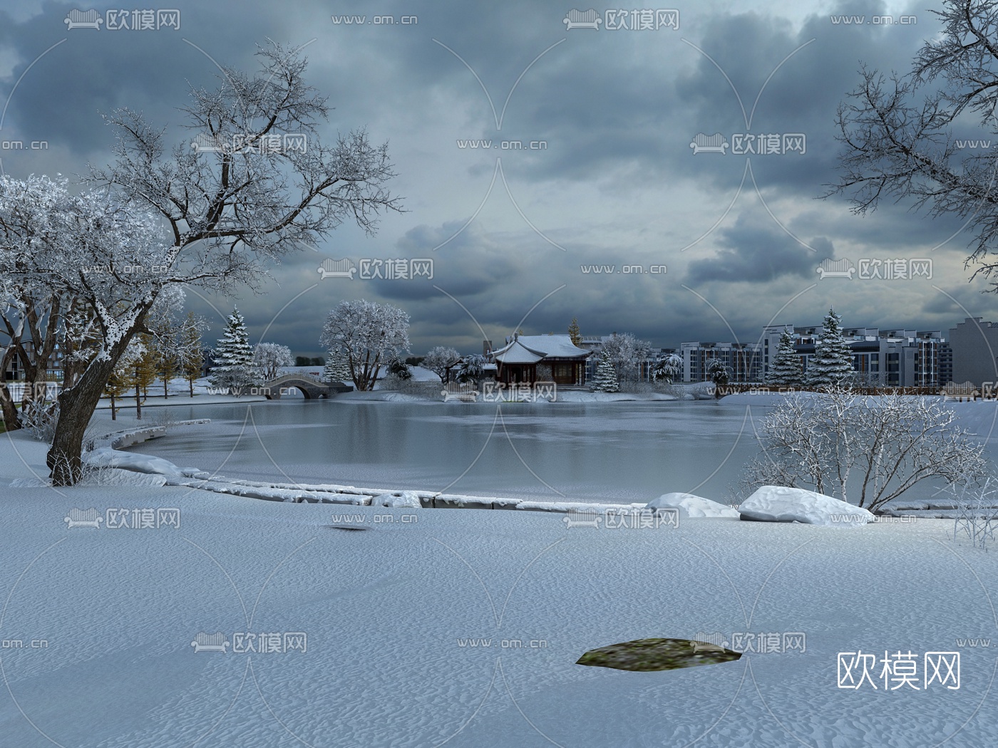 现代雪景园林景观3d模型