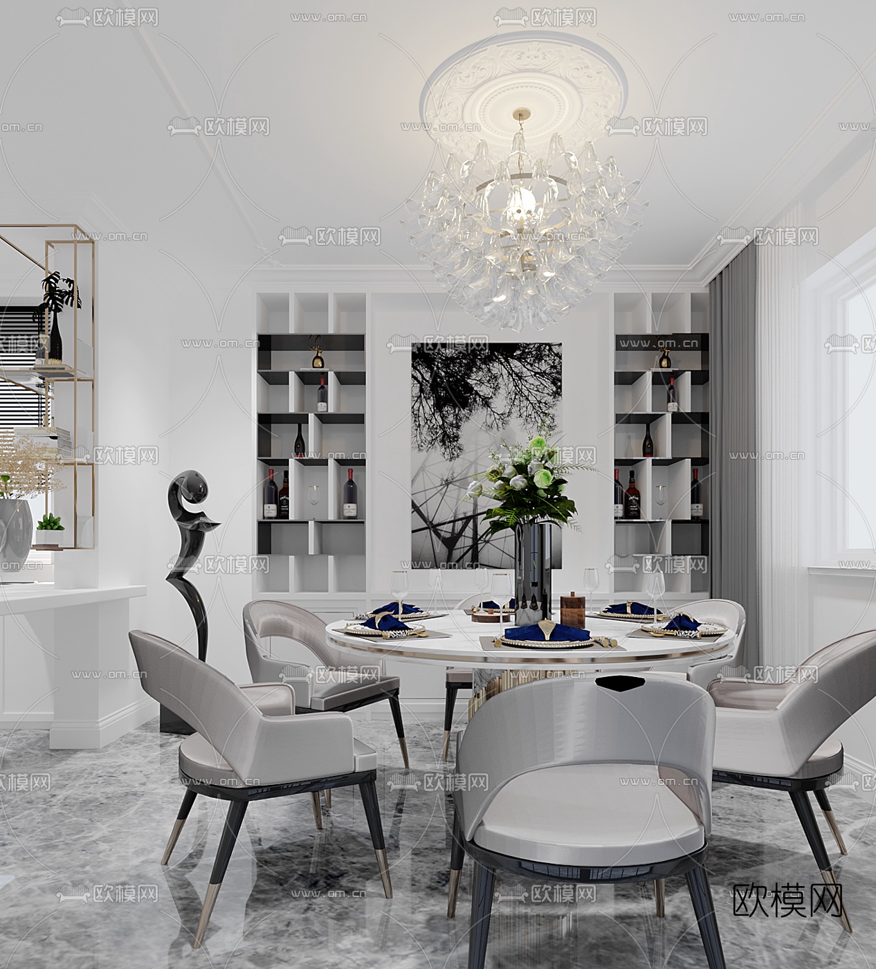 欧式客厅餐厅3d模型下载（渲染图2）