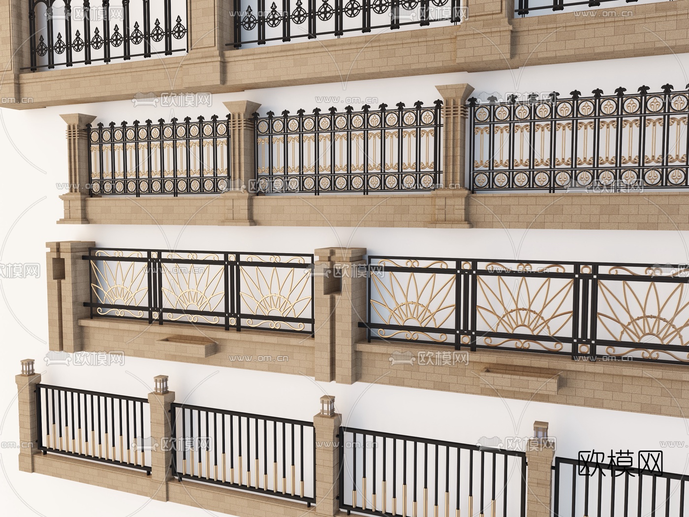 欧式围墙铁艺围栏3d模型下载（渲染图2）