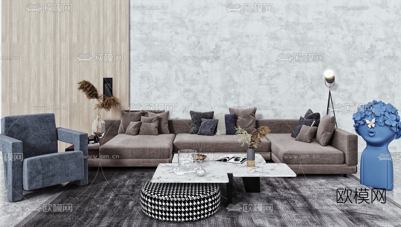 北欧布艺沙发组合3d模型下载（渲染图1）