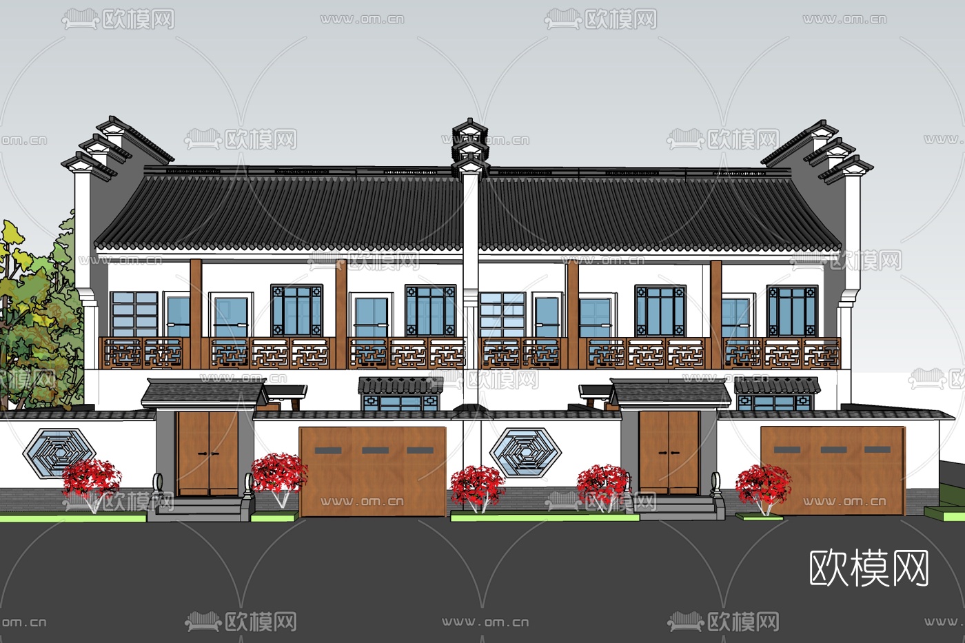 新中式别墅外观免费su模型-免费3dmax模型库-欧模网
