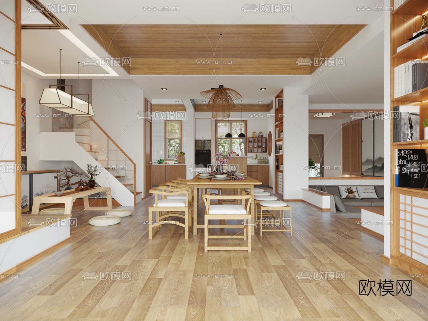 日式客厅餐厅3d模型下载（渲染图3）