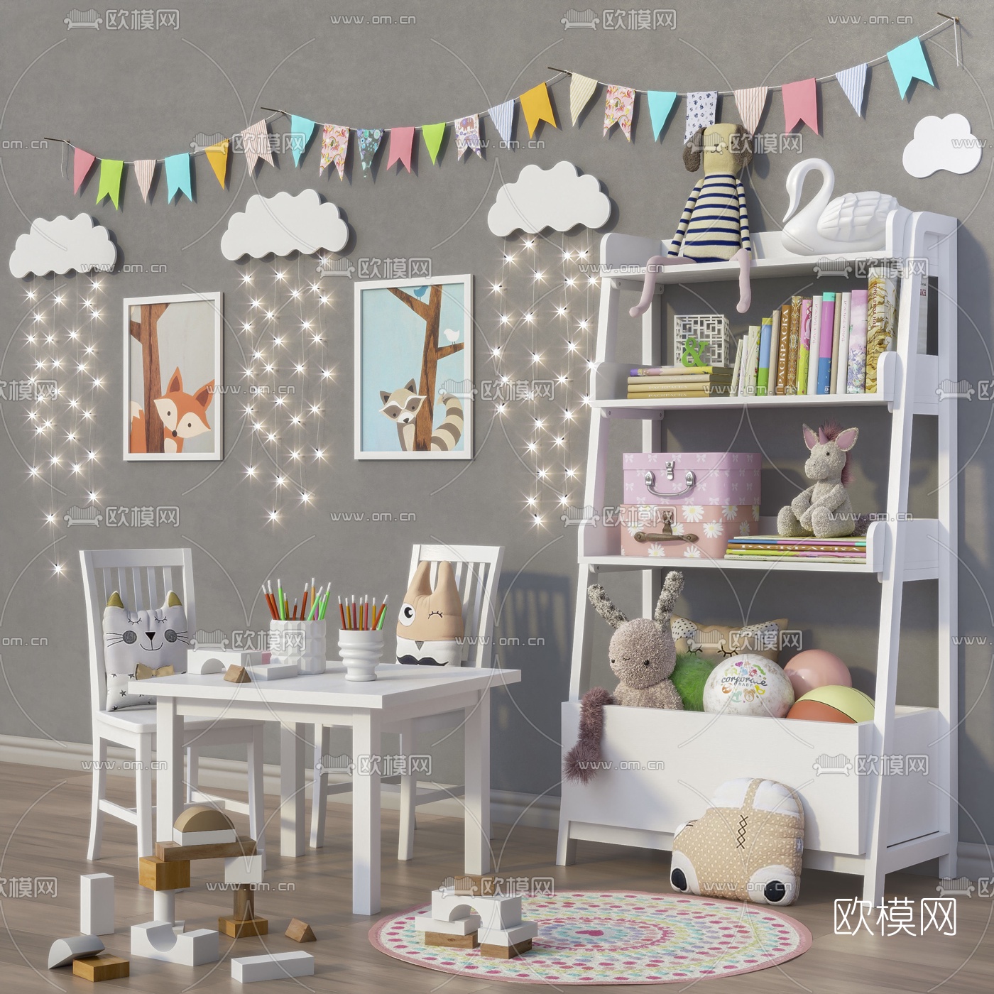 北欧儿童桌椅书柜玩具组合3d模型下载（渲染图1）